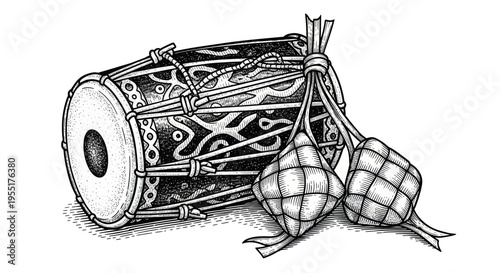 Dhol Drum and Ketupat Illustration - Traditional Asian Music and Food