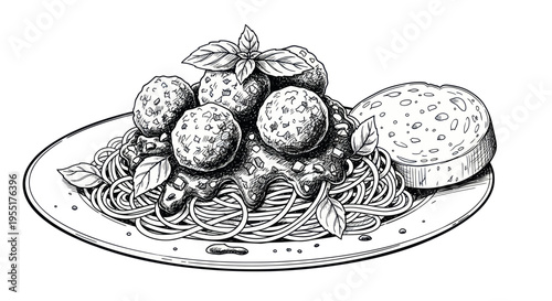 Hand-drawn Spaghetti with Meatballs and Garlic Bread Sketch