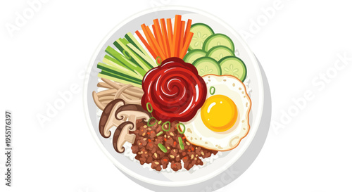 Korean Bibimbap Meal with Fried Egg, Vegetables, and Beef