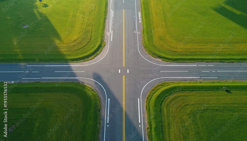 Naklejka premium Aerial view of airport runway intersection surrounded by vibrant green fields. Asphalt paths with white and yellow lines guide aircraft for takeoff and landing.