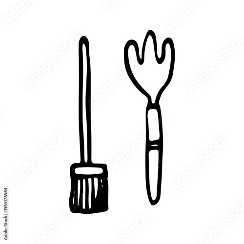 Hand drawn vector illustration of a pastry brush and kitchen fork. Cooking utensils doodle isolated on white background