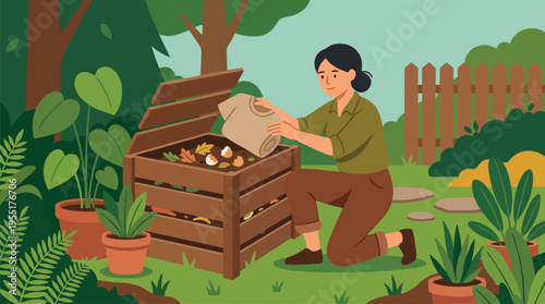 Woman adding material to compost bin.