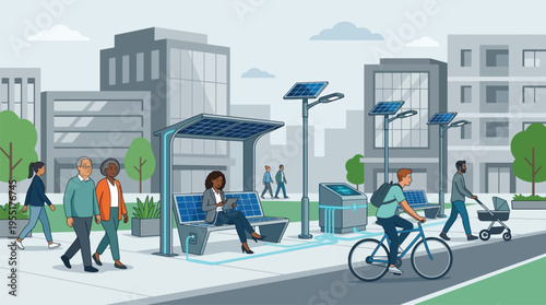 People walking on city sidewalk.