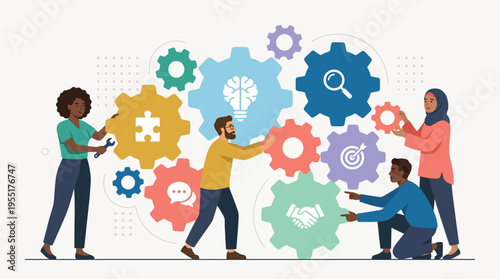 Diverse team working together with gears.