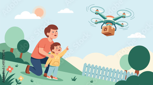 Man and child operating drone outdoors.