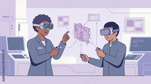 Two men wearing virtual reality goggles.