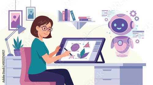 Woman working on digital tablet.