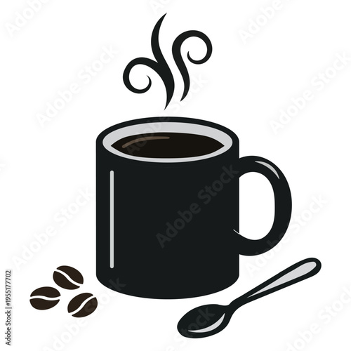 Steaming black coffee mug with beans and spoon, simple flat illustration