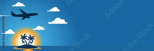 Airplane flying over tropical island at sunset with palm trees and clouds