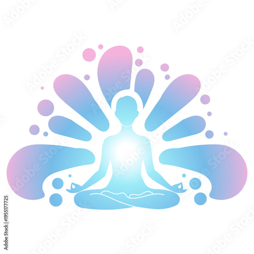 Silhouette of a person meditating with colorful aura and radiating energy in a lotus pose