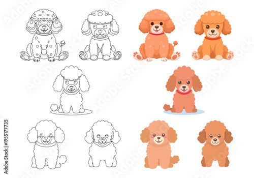 可愛いトイプードルのイラストセット、カラーと線画