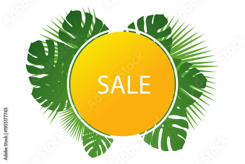 Tropical leaves frame a bright yellow circle with the word SALE in white text