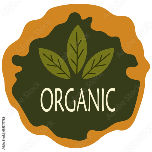 Organic label with green leaves and earthy border, simple illustration