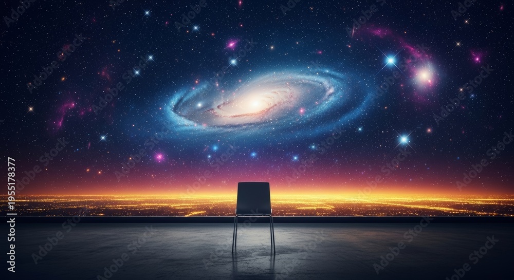 Fototapeta premium The quiet midnight air fills a terrace where a solitary seat faces the vast celestial cosmos above a distant glowing urban city horizon, midnight, mood, balcony