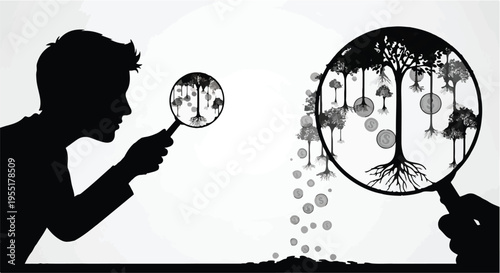 magnifying glass tree silhouette ecology concept