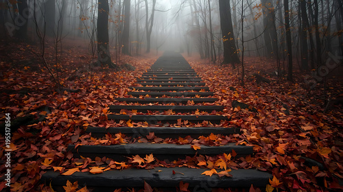 Autumn forest staircase, foggy woods, stone steps covered in orange leaves, serene natural scenery, inviting pathway, fall season, mystical atmosphere, scenic trail, woodland walkway, seasonal beauty