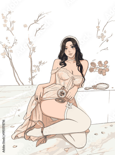 ドレスを着た美しい女性が懐中時計を持っている