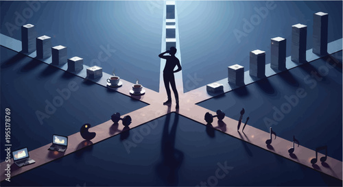 businesswoman standing at career crossroads with colleagues working on laptops