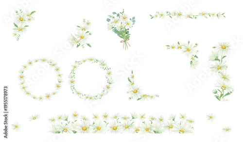 Photos Watercolor daisy and marguerite floral frame bundle set with bouquets, wreaths,