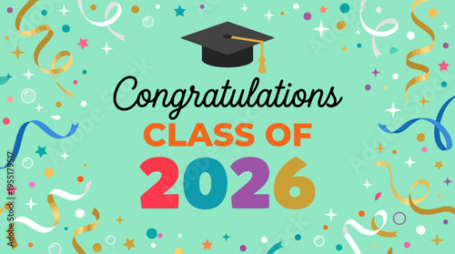 Celebratory graduation announcement with colorful confetti and a classic mortarboard cap signaling academic achievement and