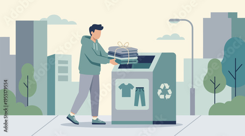Man depositing clothes into recycling bin.