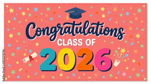 Celebratory graphic for the graduating class of 2026 with colorful details and academic theme elements for commencement