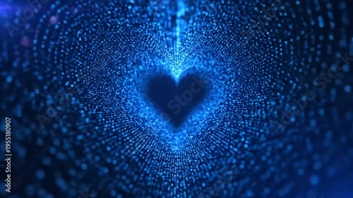 Abstract blue tunnel of light with a heart-shaped opening, digital bokeh background, futuristic concept