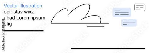 Communication, cloud computing, data exchange, creative design, minimalism, digital interaction. Abstract cloud shape with text boxes and lines. Communication and cloud computing