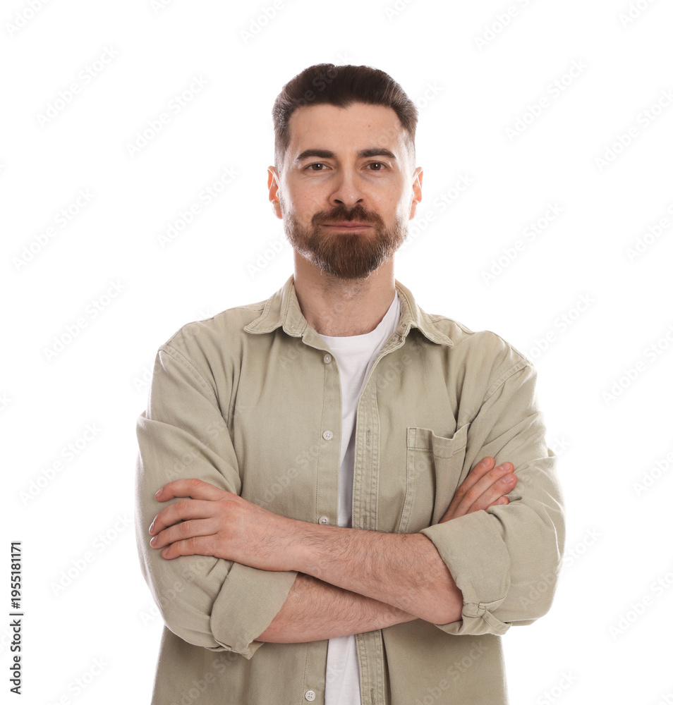Obraz premium Portrait of serious man in shirt with crossed arms on white background