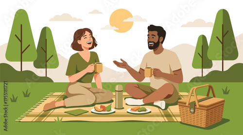 Couple having romantic outdoor picnic date.