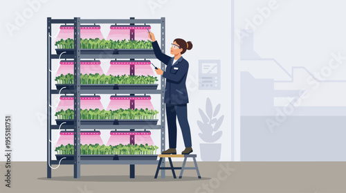 Woman tending to indoor plants shelf.