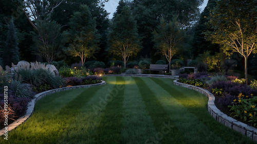 beautifully landscaped garden with lawn and trees at dusk or dawn. outdoor green garden with flowers and grass