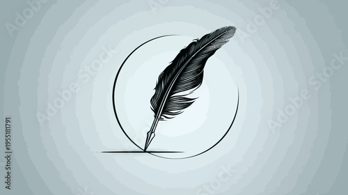 A stylized illustration features a black feather pen enclosed by a circular frame, set against a gradient background
