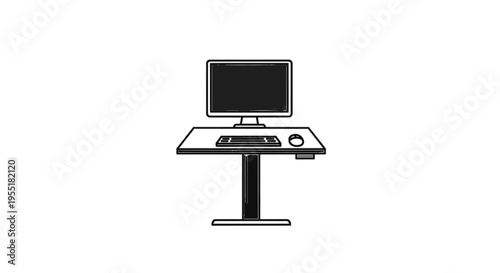 Vector illustration of minimalist line art icon of a computer workstation with adjustable desk