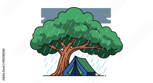 Tree with tent underneath rainy weather.
