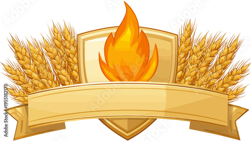 A stylized emblem with flames in the center, flanked by wheat and a banner below