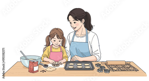 Woman and girl baking together sweet.