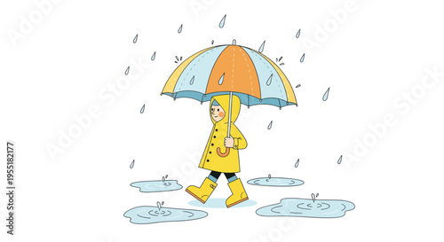 Child Walking in Rainy Weather Outdoors.