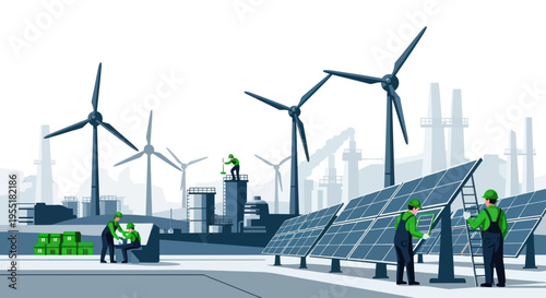 Workers installing solar panels outdoors.