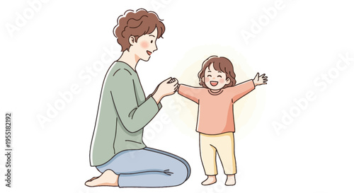 Mother helping little girl walk alone.