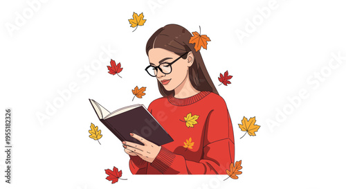 Woman reading a book with glasses.