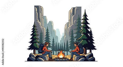 Two men sitting by campfire outdoors.