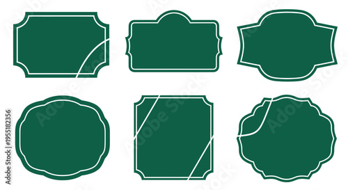 Green labels with white outline shapes.
