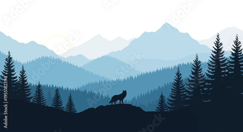 Wolf standing on a hill silhouette.
