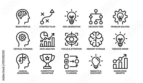 Icons depicting critical thinking, strategy, and knowledge growth concepts