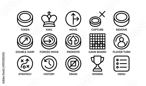 Chess and checkers icon set including king, move, capture, double jump, and game board