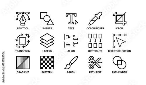 Essential design tools: pen tool, shapes, text, color picker, crop, and more