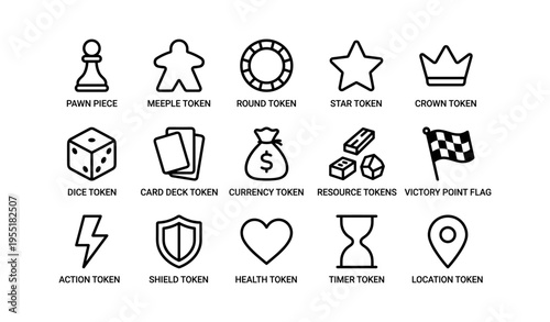 Collection of various board game tokens and icons for gameplay