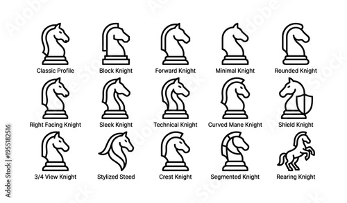 Various knight chess piece designs in black line art style