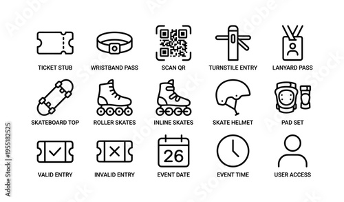 Event admission icons: tickets, skates, helmet, pass, calendar, clock